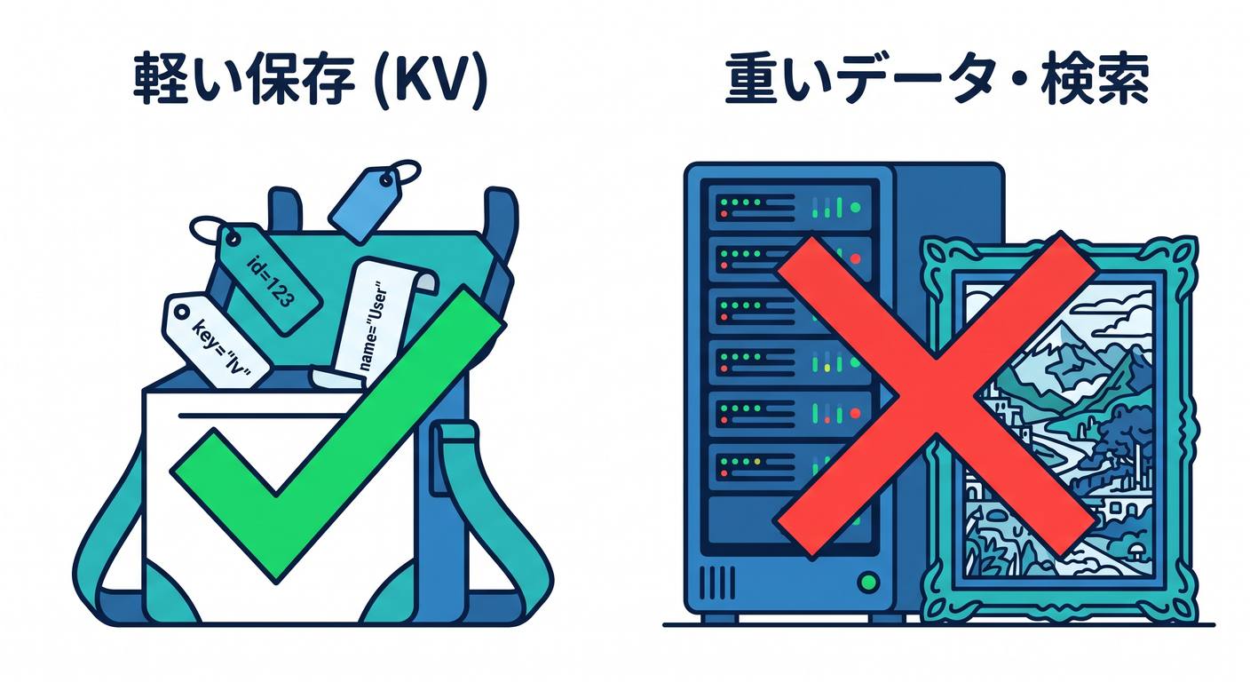 KV is for lightweight storage, not heavy search or images
