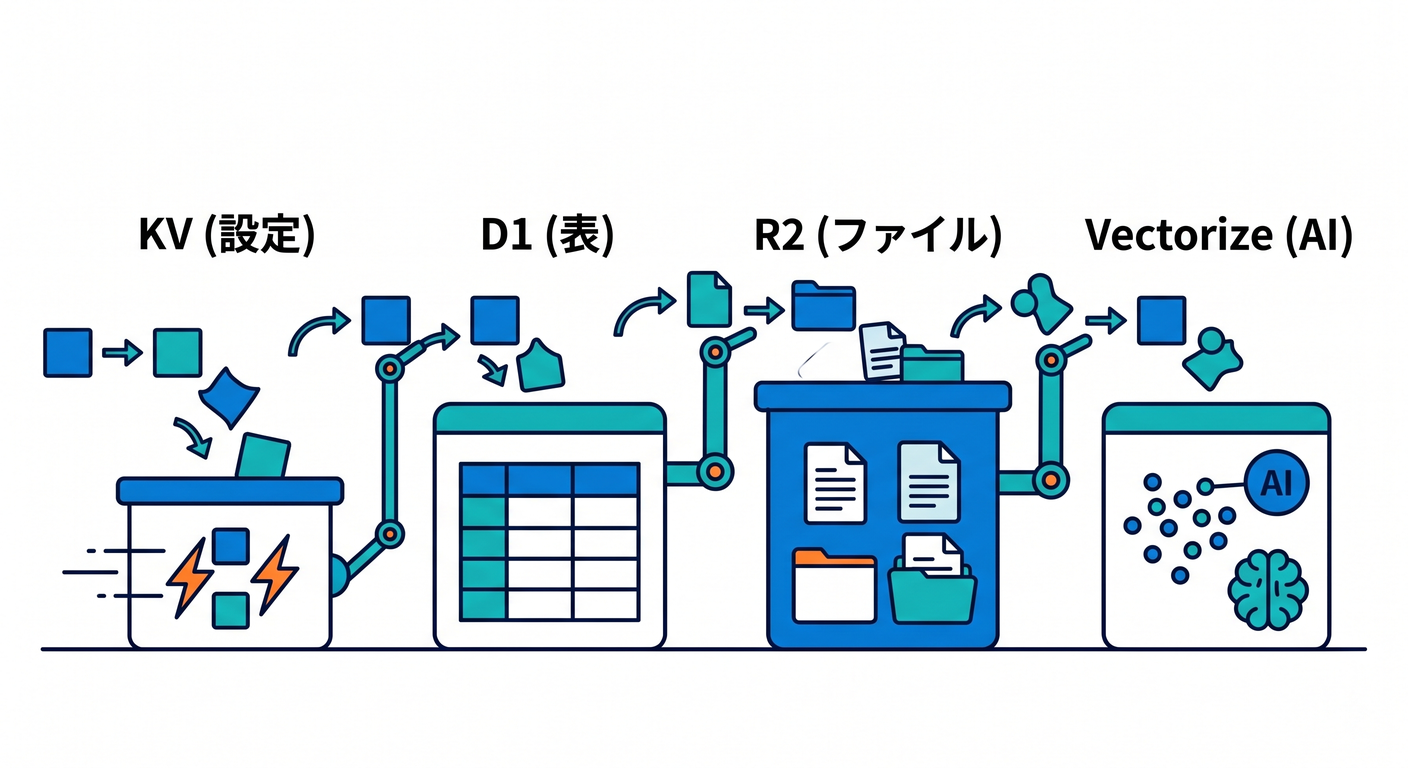 Different Storage Options (KV, D1, R2, Vectorize)
