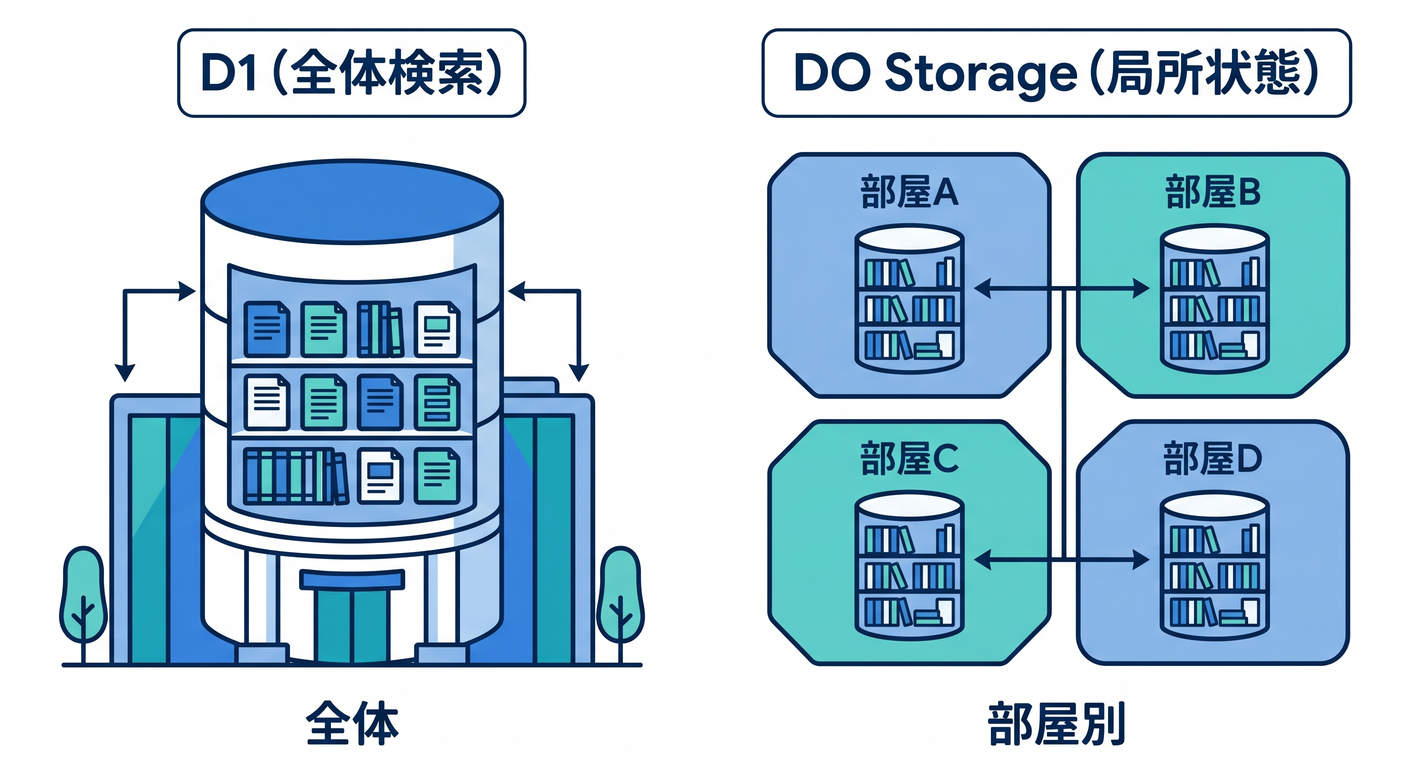 Difference between D1 (global search) and DO Storage (local state).